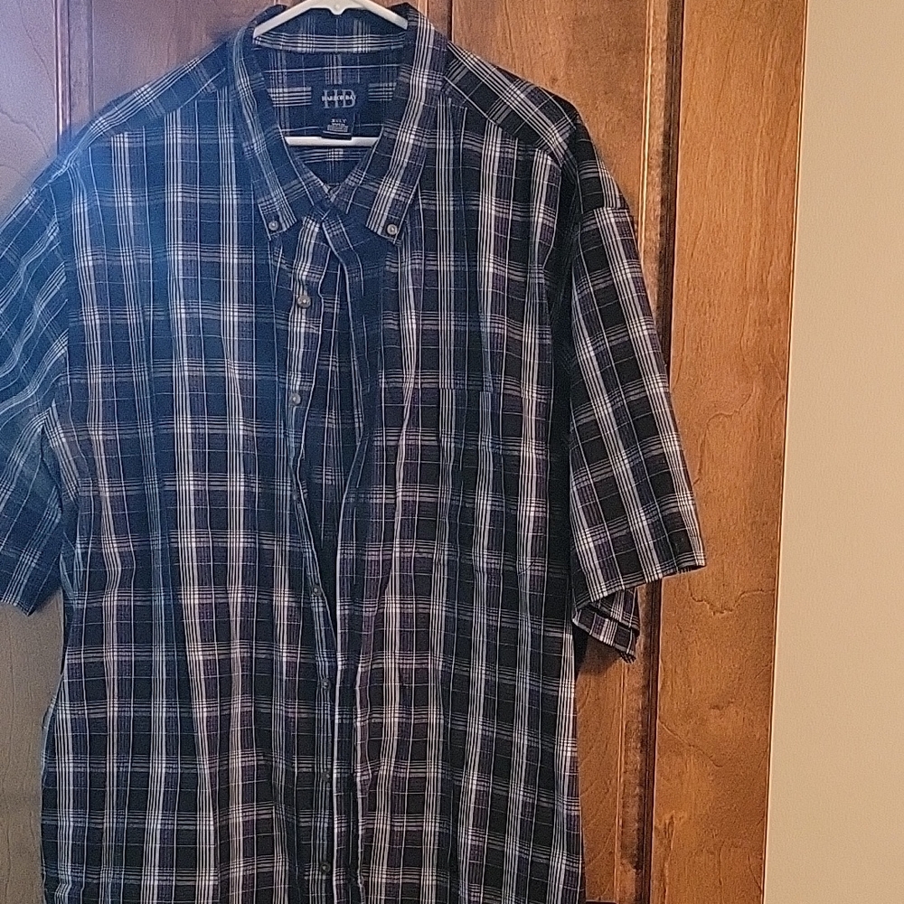 Harbor Bay 3XLT black plaid collared short sleeve button down shirt